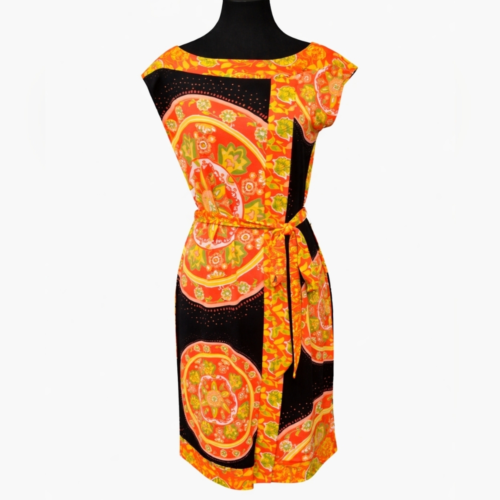 Madison Orange & Black Medallion Print Sheath Dress Size S